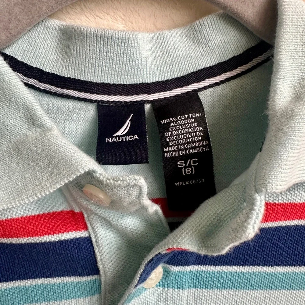 Nautica Boys Preppy Wide Stripe Polo Shirt Mint Blue Red Size 8